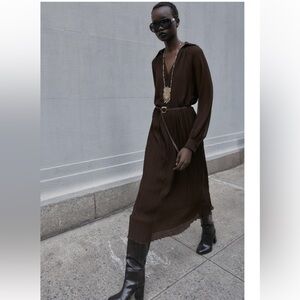 Zara Dark Brown Pleated Maxi Dress with Belt
